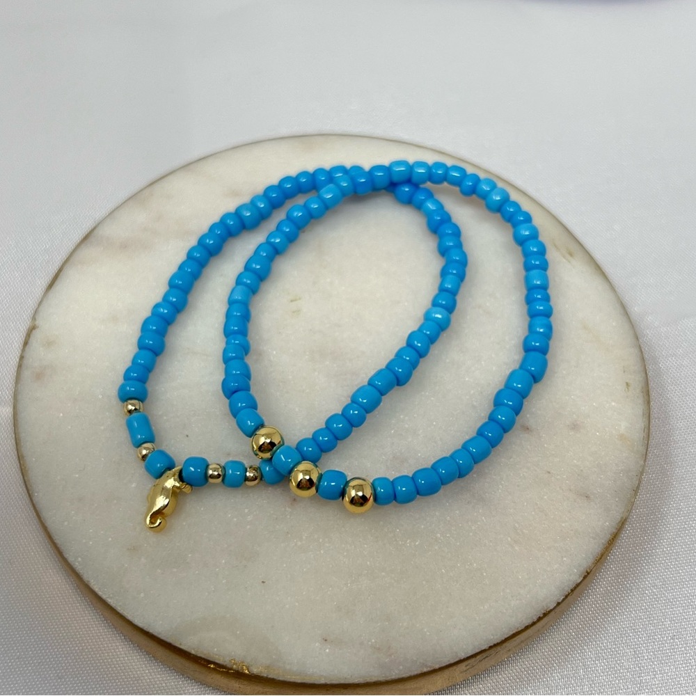 NEW Set of 2 Beaded Seahorse Blue Handmade Elastic Bracelets